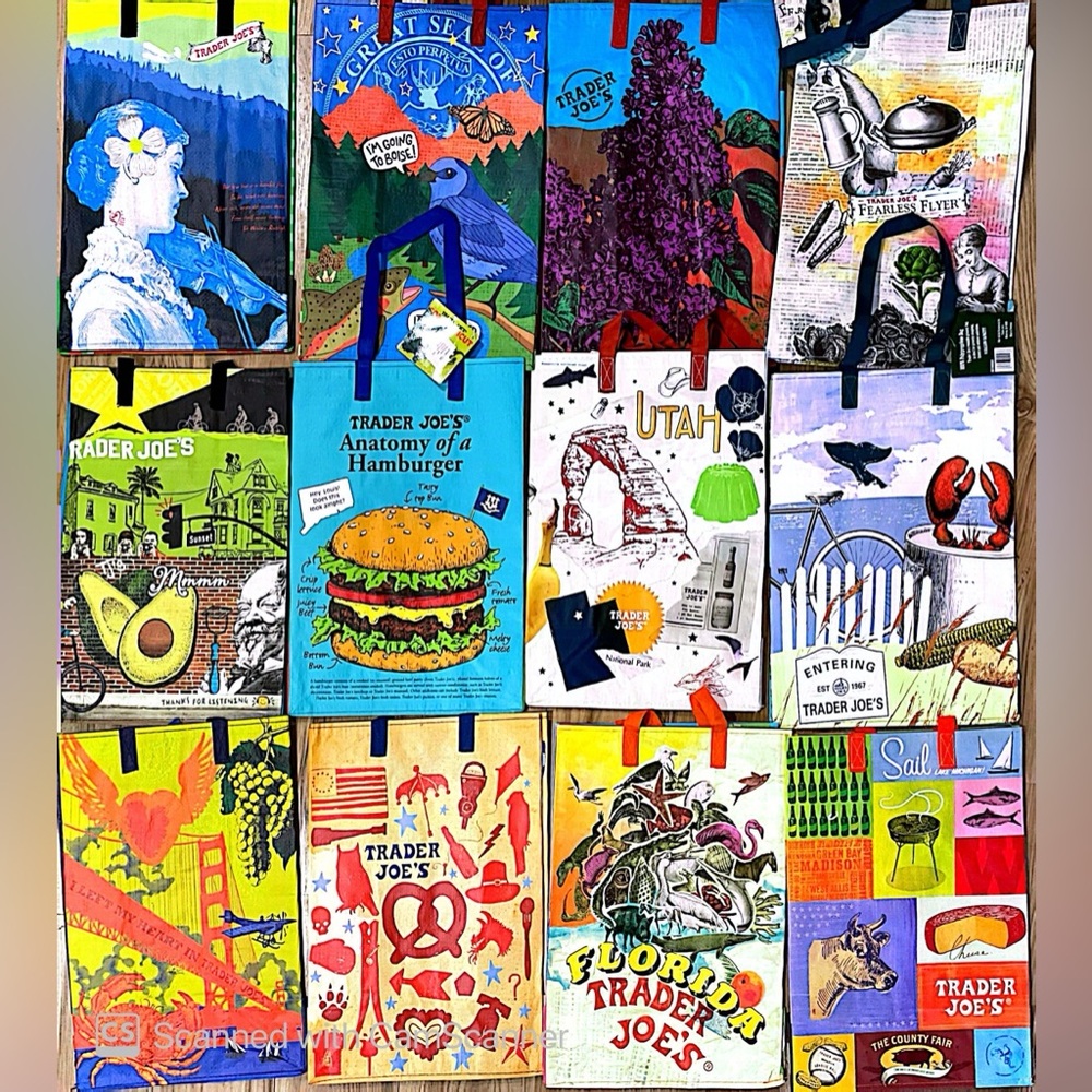 12 Trader Joe's Reusable Tote Bags (All 12 NWT) Includes RARE Fearless Flyer bag